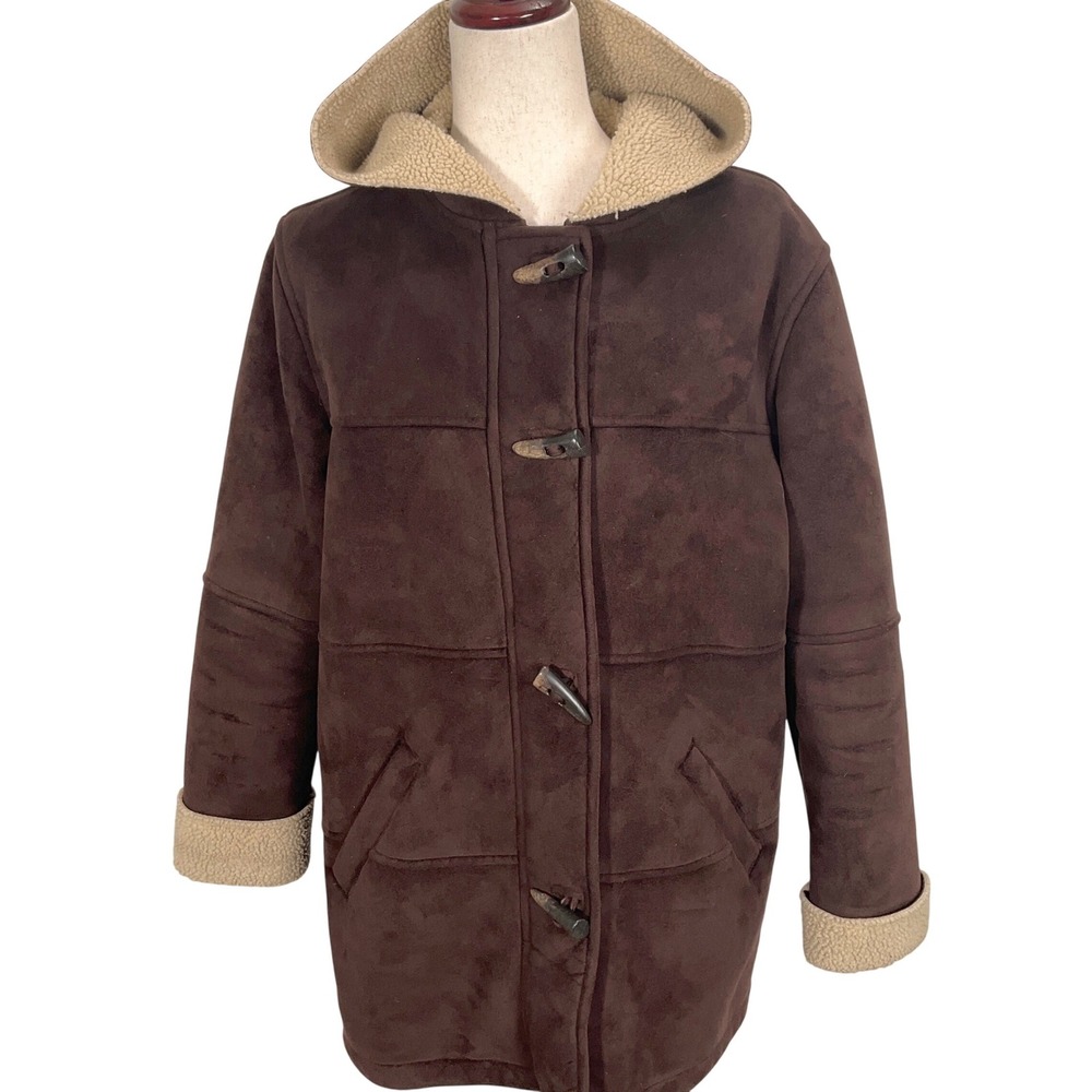 Ralph Lauren Coat Womens‎ Large Brown Faux Suede Sherpa Lined Hooded Duffle Coat